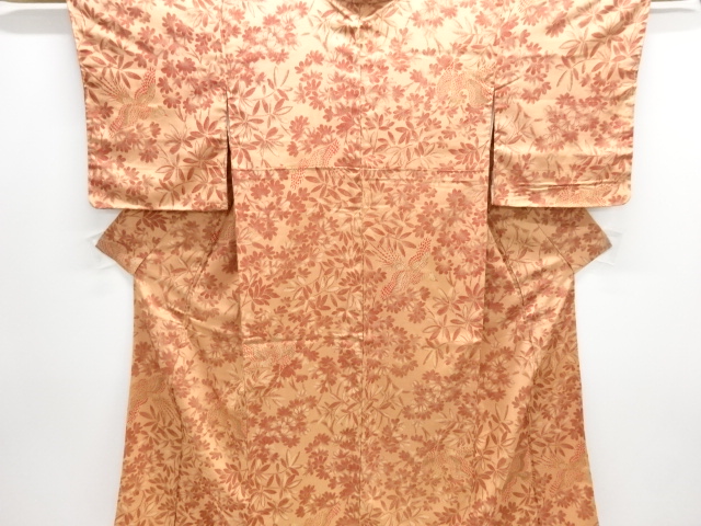 大正ロマン　尾長鳥に草葉模様織り出し一つ紋お召着物